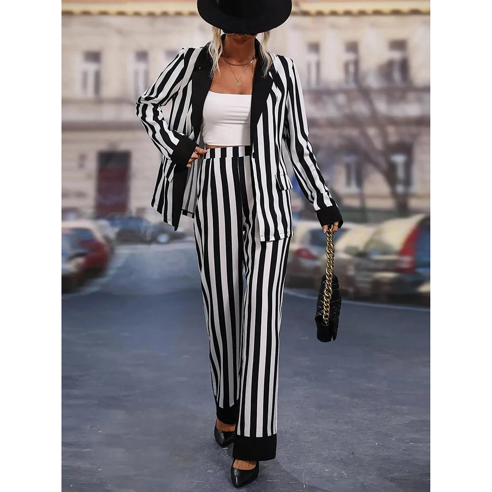 Black White Striped Women Pants Suit Celebrity Summer Wear Evening Party Wedding Formal 2 Pieces