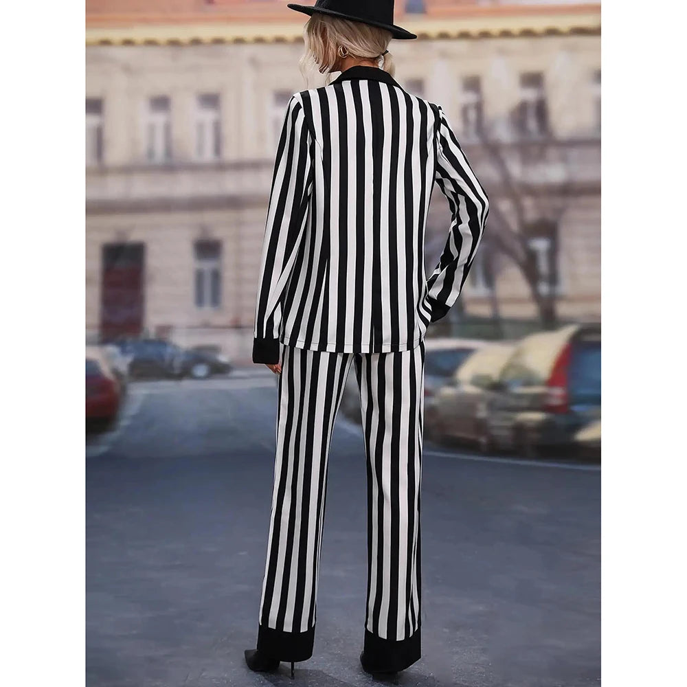 Black White Striped Women Pants Suit Celebrity Summer Wear Evening Party Wedding Formal 2 Pieces