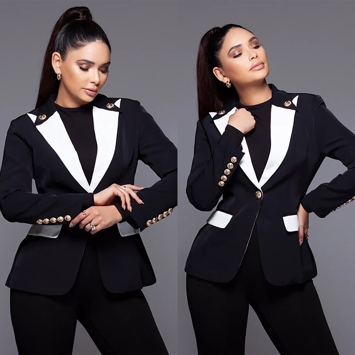 Trajes de pantalón blanco y negro para mujer, corte entallado, para fiesta de noche, para boda, pantalones rectos de dos piezas 