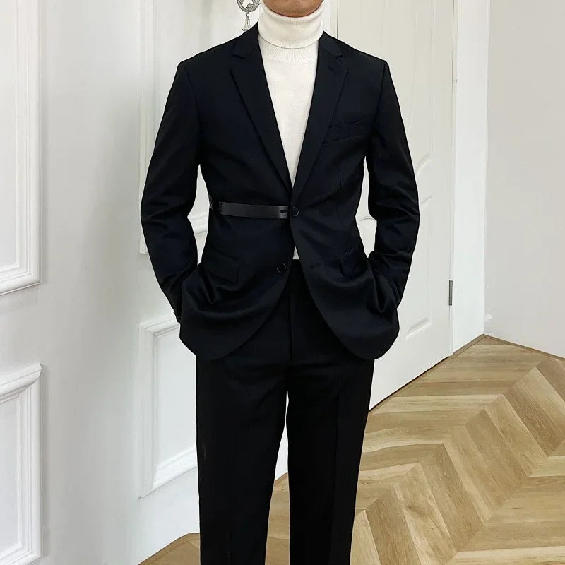 Men's Black Two-Piece Suit with White Turtleneck Sweater Classic Formal Wear