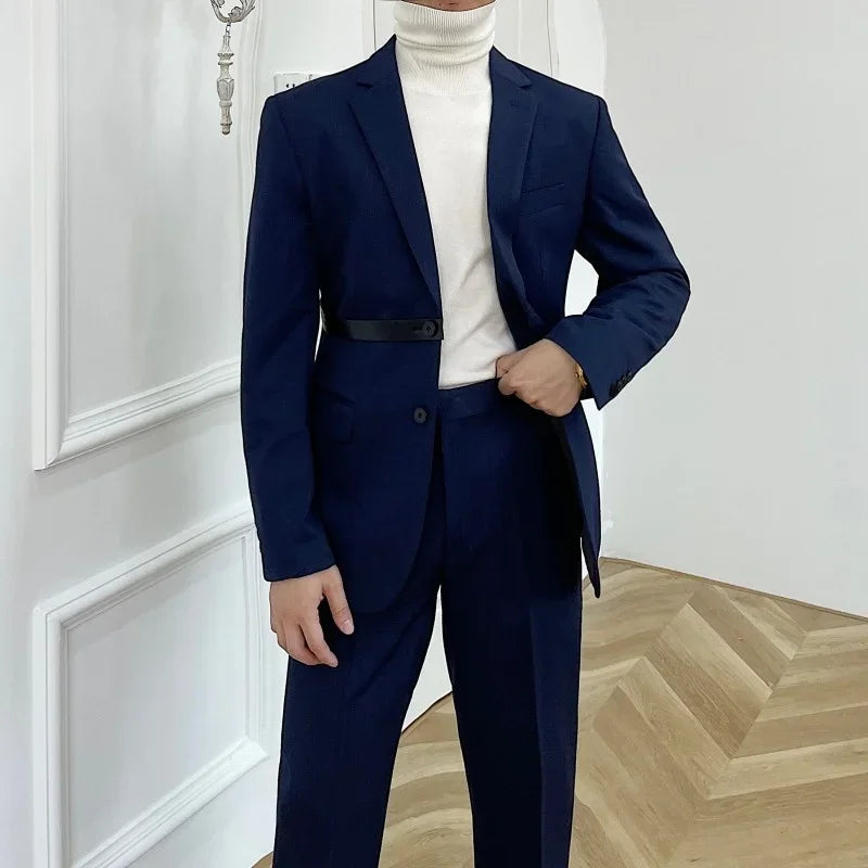 Men's Black Two-Piece Suit with White Turtleneck Sweater Classic Formal Wear