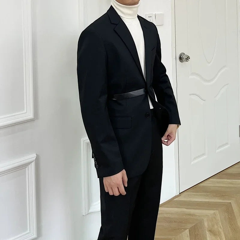 Men's Black Two-Piece Suit with White Turtleneck Sweater Classic Formal Wear