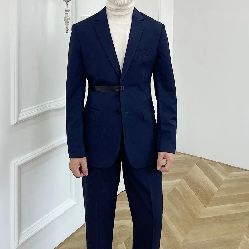 Men's Black Two-Piece Suit with White Turtleneck Sweater Classic Formal Wear