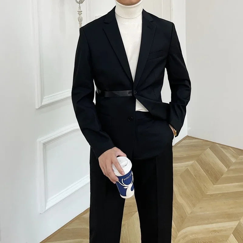 Men's Black Two-Piece Suit with White Turtleneck Sweater Classic Formal Wear