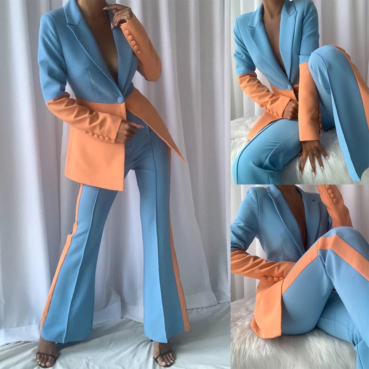 Trajes de pantalón color caramelo para mujer, corte entallado, para fiesta de noche, para boda, holgados, de pierna ancha, dos piezas