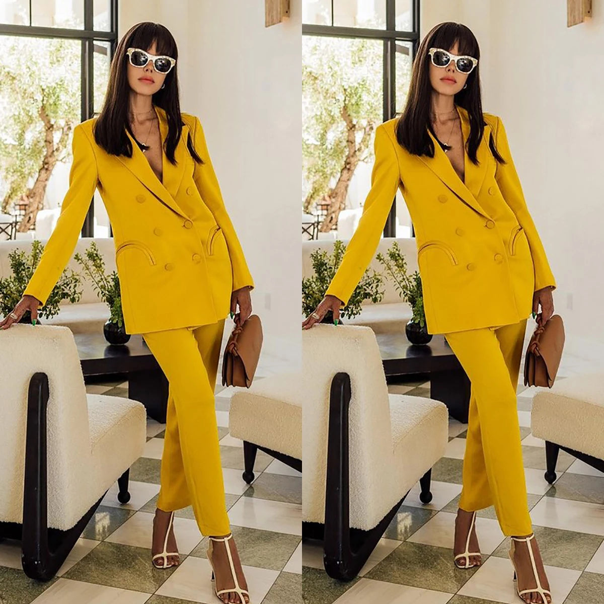 Gold Women Pants Suits Double Breasted Streetwear Sportswear Two Pieces Jacket Blazer Sets