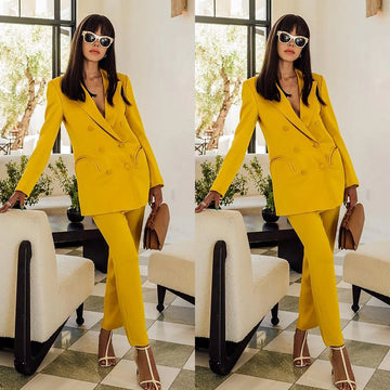 Gold Women Pants Suits Double Breasted Streetwear Sportswear Two Pieces Jacket Blazer Sets