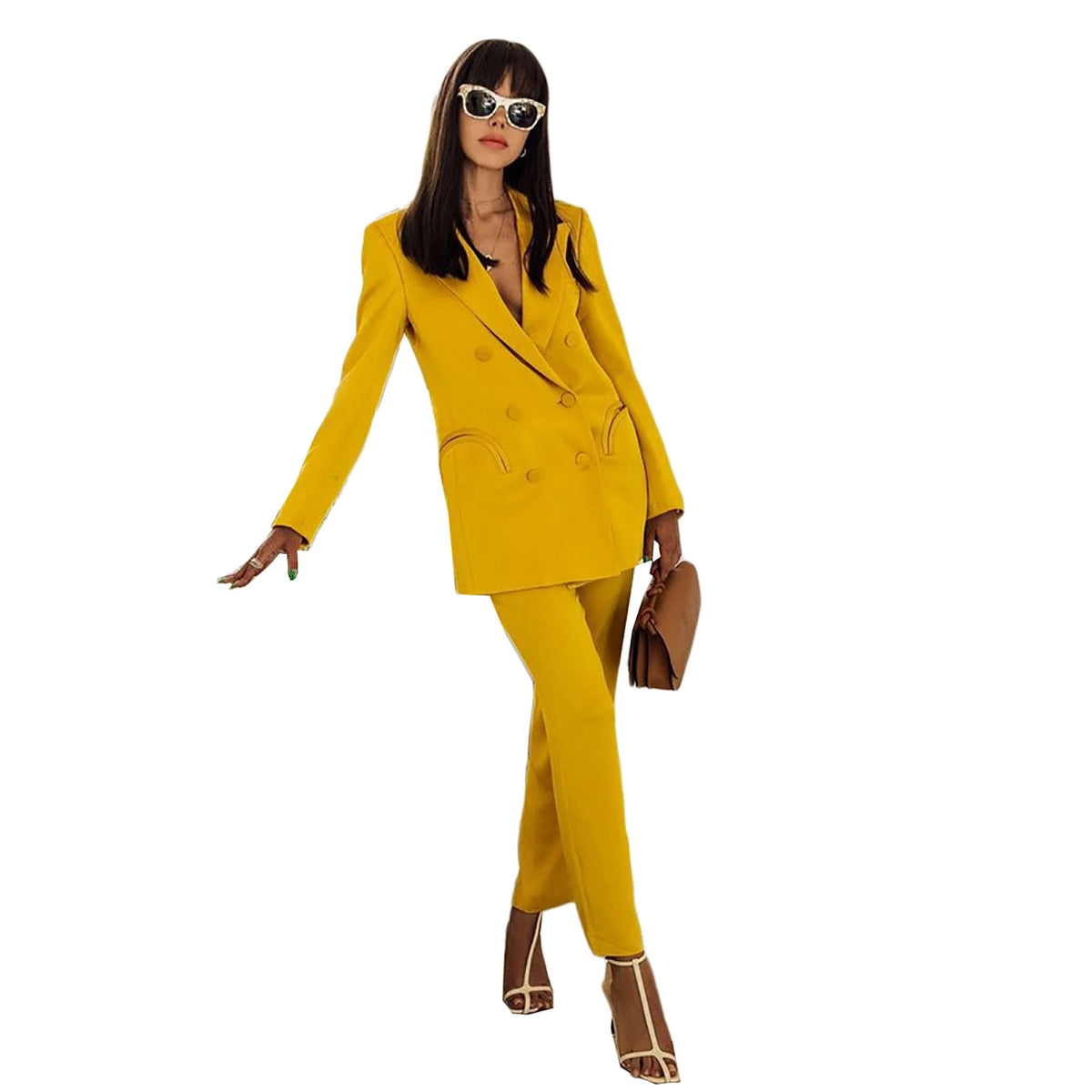 Ensemble deux pièces veste et blazer dorés pour femme, pantalon croisé, streetwear, vêtements de sport 
