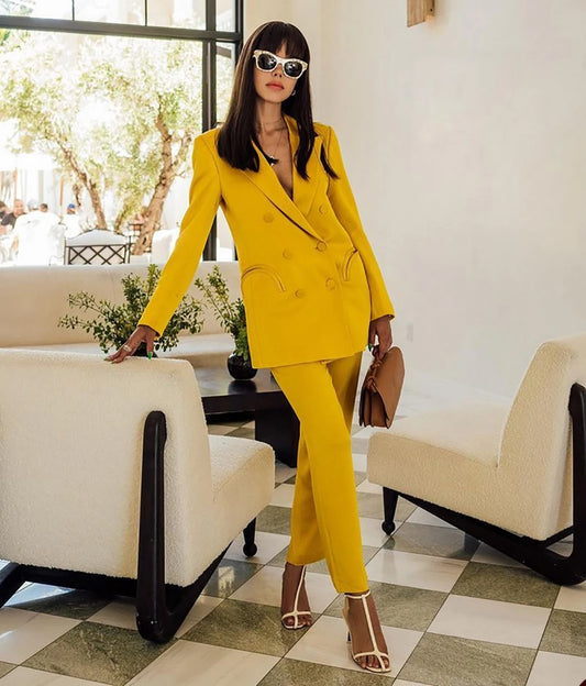 Gold Women Pants Suits Double Breasted Streetwear Sportswear Two Pieces Jacket Blazer Sets