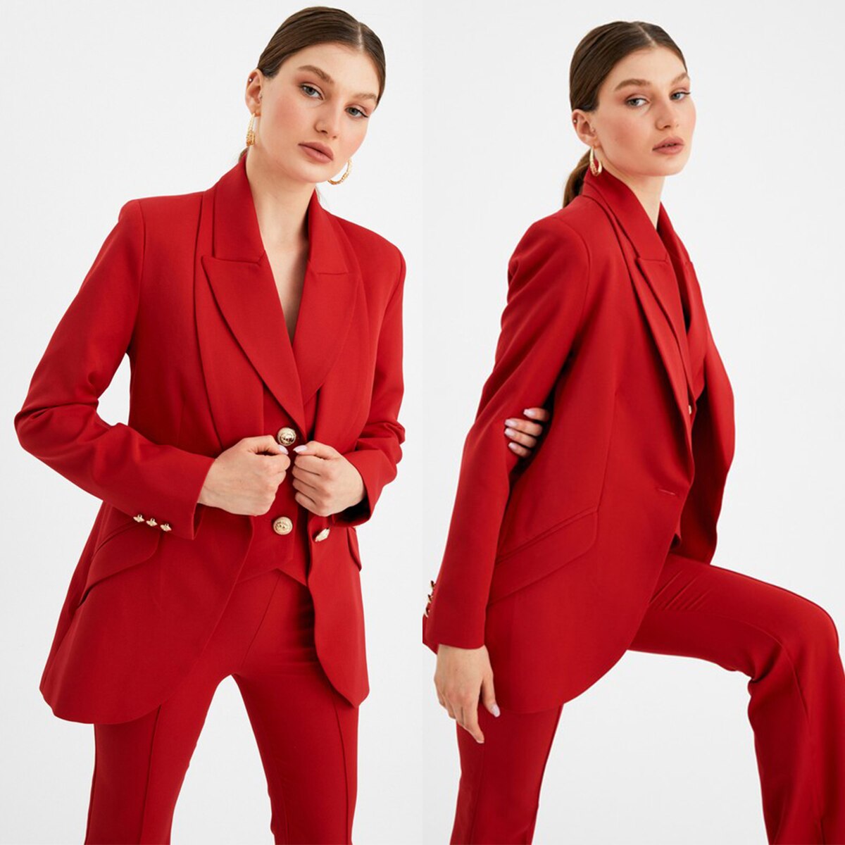 Costume pantalon rouge pour femme, coupe slim, costume mère de la mariée, blazer de soirée, tenue d'invité 3 pièces 