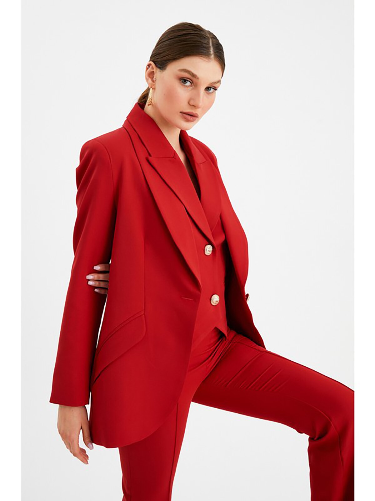 Costume pantalon rouge pour femme, coupe slim, costume mère de la mariée, blazer de soirée, tenue d'invité 3 pièces 