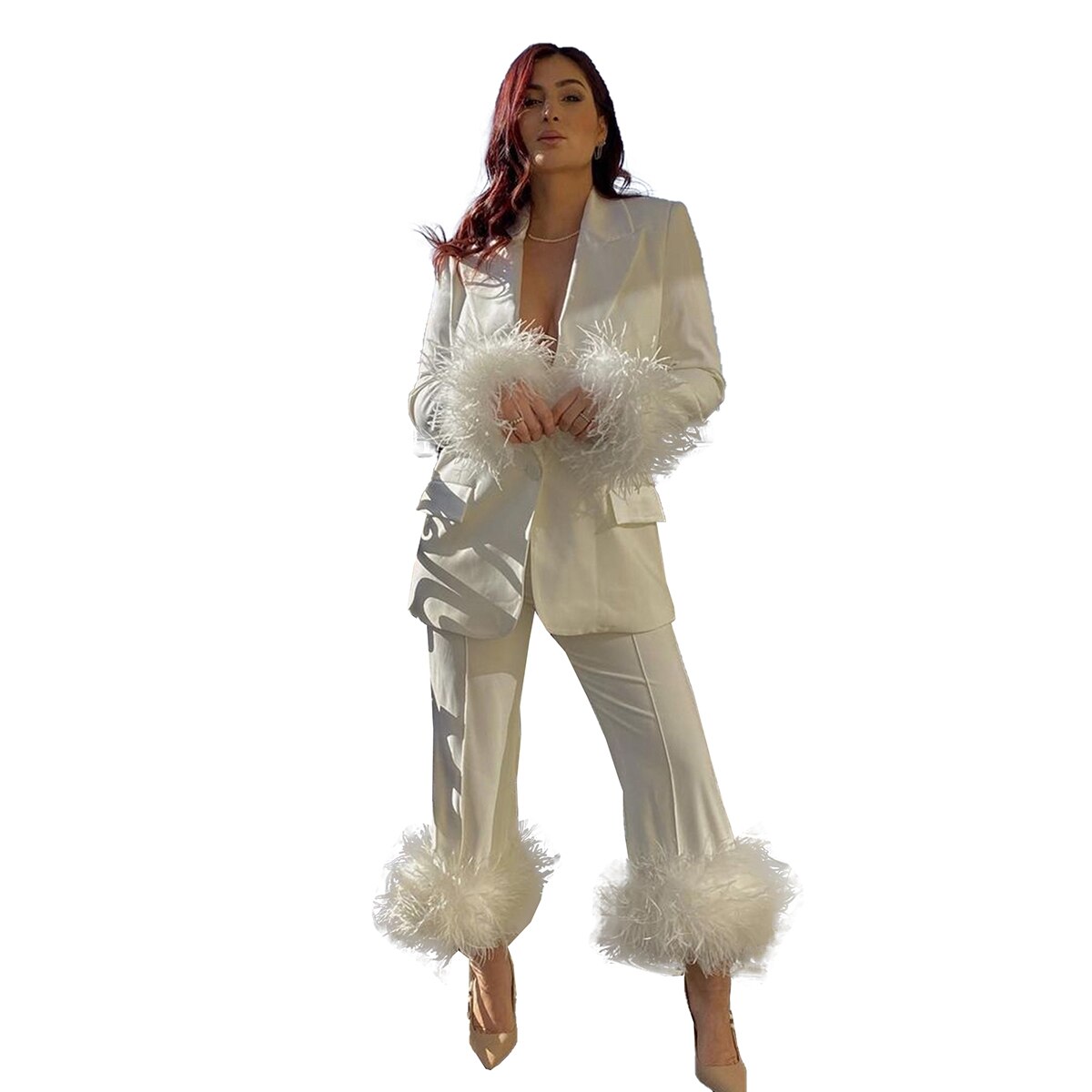 Trajes de pantalón para mujer para boda, traje de madre de la novia con plumas y piel, blazer para fiesta de noche, ropa para invitados, 2 piezas 