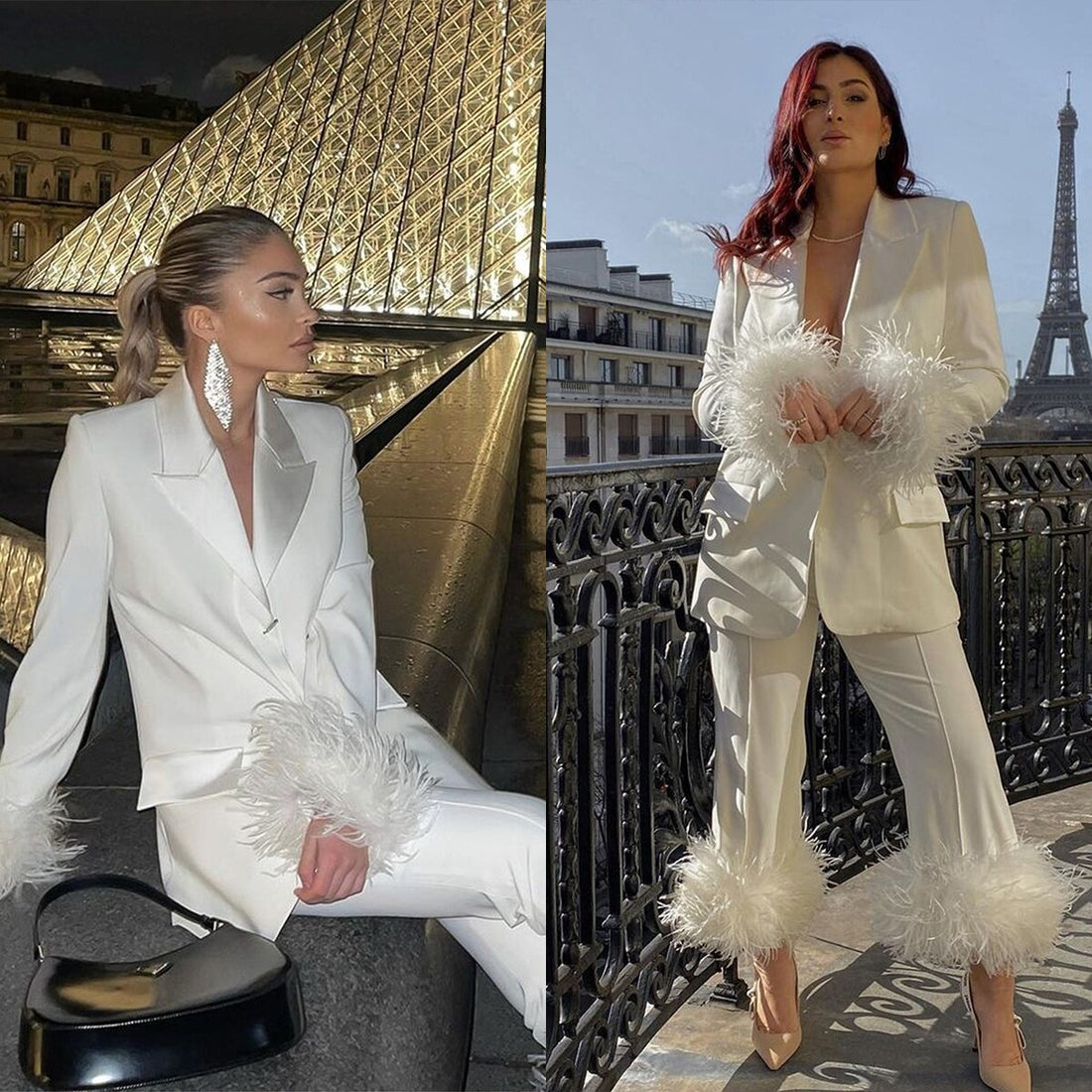 Trajes de pantalón para mujer para boda, traje de madre de la novia con plumas y piel, blazer para fiesta de noche, ropa para invitados, 2 piezas 