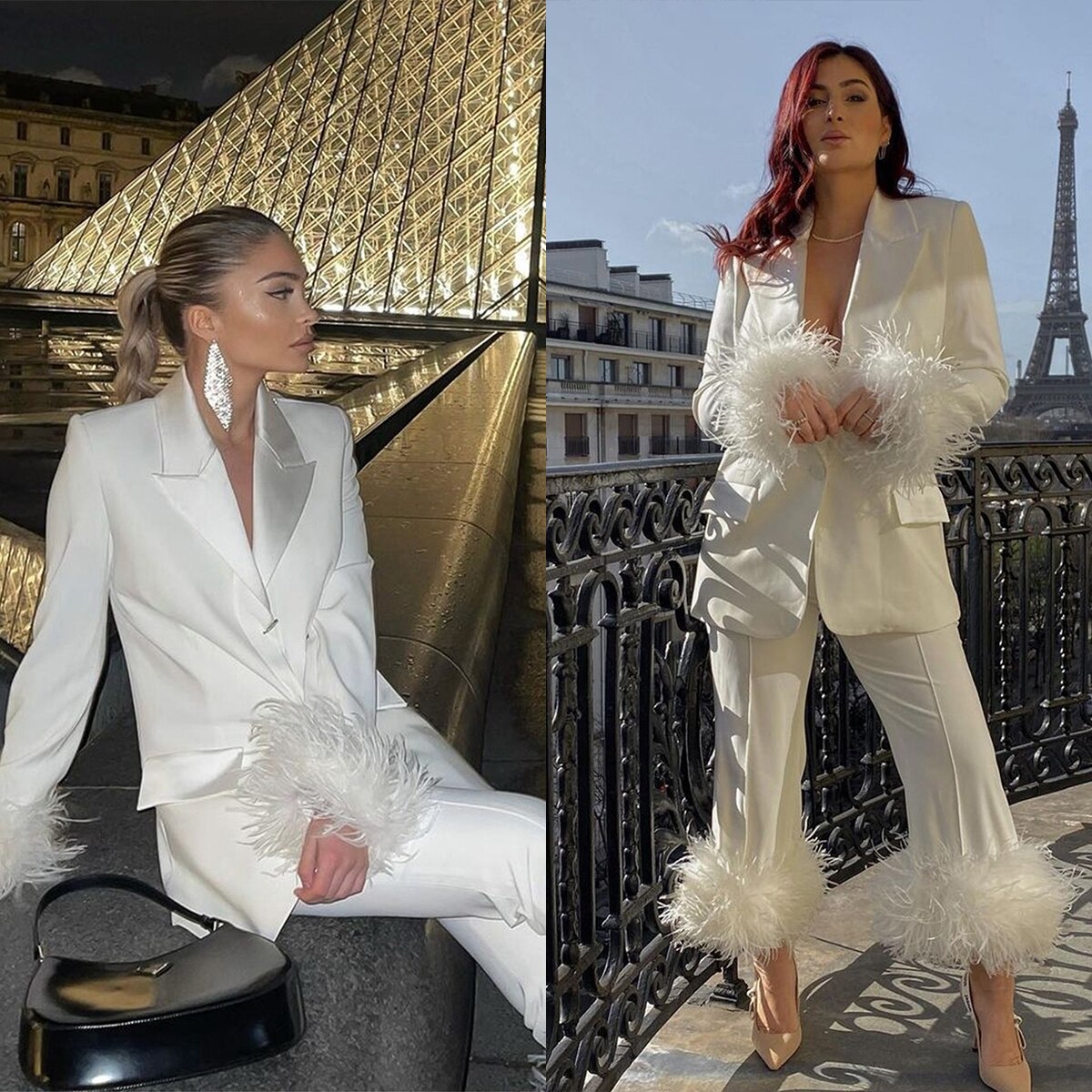 Trajes de pantalón para mujer para boda, traje de madre de la novia con plumas y piel, blazer para fiesta de noche, ropa para invitados, 2 piezas 