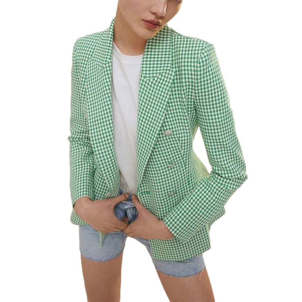Blazer de cuadros verdes para mujer, chaqueta informal de manga larga, abrigo de oficina para mujer, una pieza 
