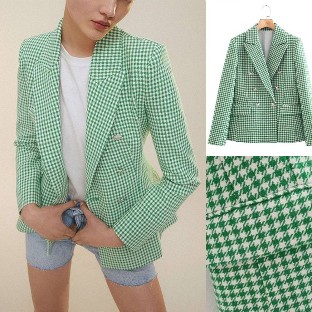 Blazer à carreaux verts pour femme, veste décontractée à manches longues, manteau de bureau une pièce 