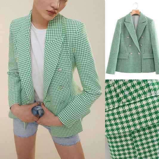 Green Plaid Women's Blazer Long Sleeve Casual Jacket Office Ladies Coat One Piece