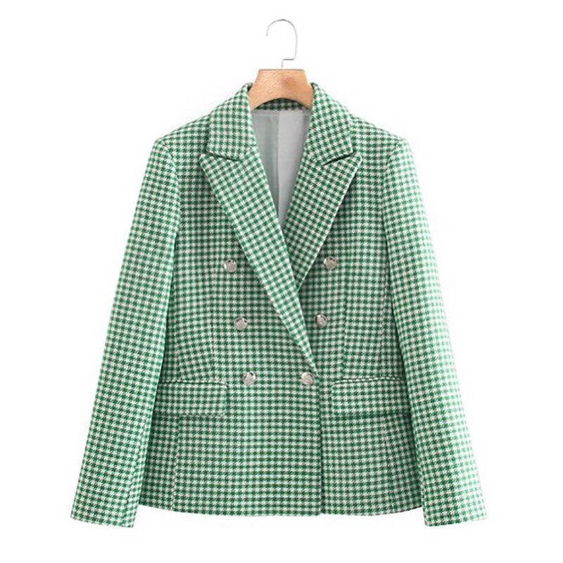 Blazer de cuadros verdes para mujer, chaqueta informal de manga larga, abrigo de oficina para mujer, una pieza 