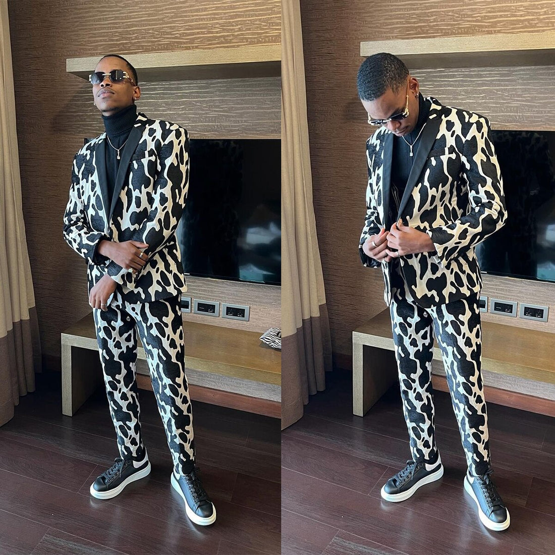 Traje de 2 piezas con estampado de leopardo para hombre, para boda, novio, fiesta, graduación, negocios, negocios, chaqueta, pantalones 