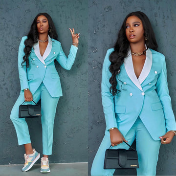 Spring Peaked Lapel 2 Pieces Suits For Women Vintage Double Breasted Blazer Pencil Pants Custom Made Casual Sports Sets