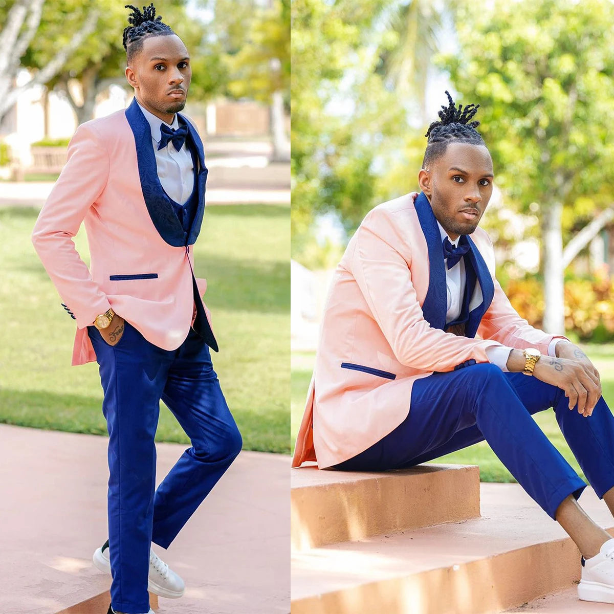 Pink Men's Suit Shawl Lapel Slim Fit Casual Wedding Tuxedos 3 Pieces Jacket Vest Pants Party Birthday Wear