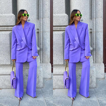 Spring Purple Women Pants Suits Double Breasted Female Streetwear Sportswear Two Pieces Jacket Blazer Sets