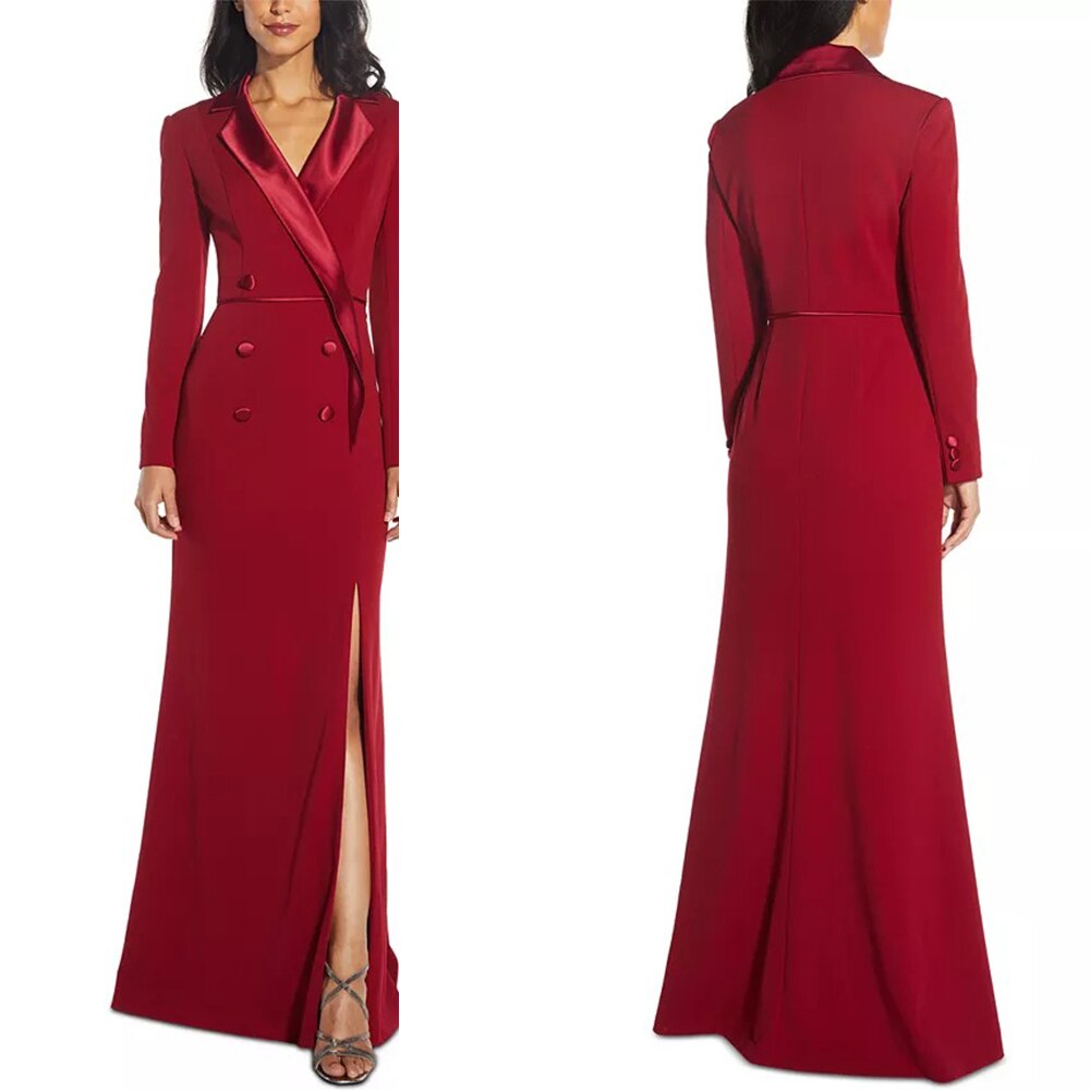 Red Slim Fit Women Long Jacket Suits Side Split Ladies Prom Evening Guest Formal Wear Custom Made Mother Dress Blazer
