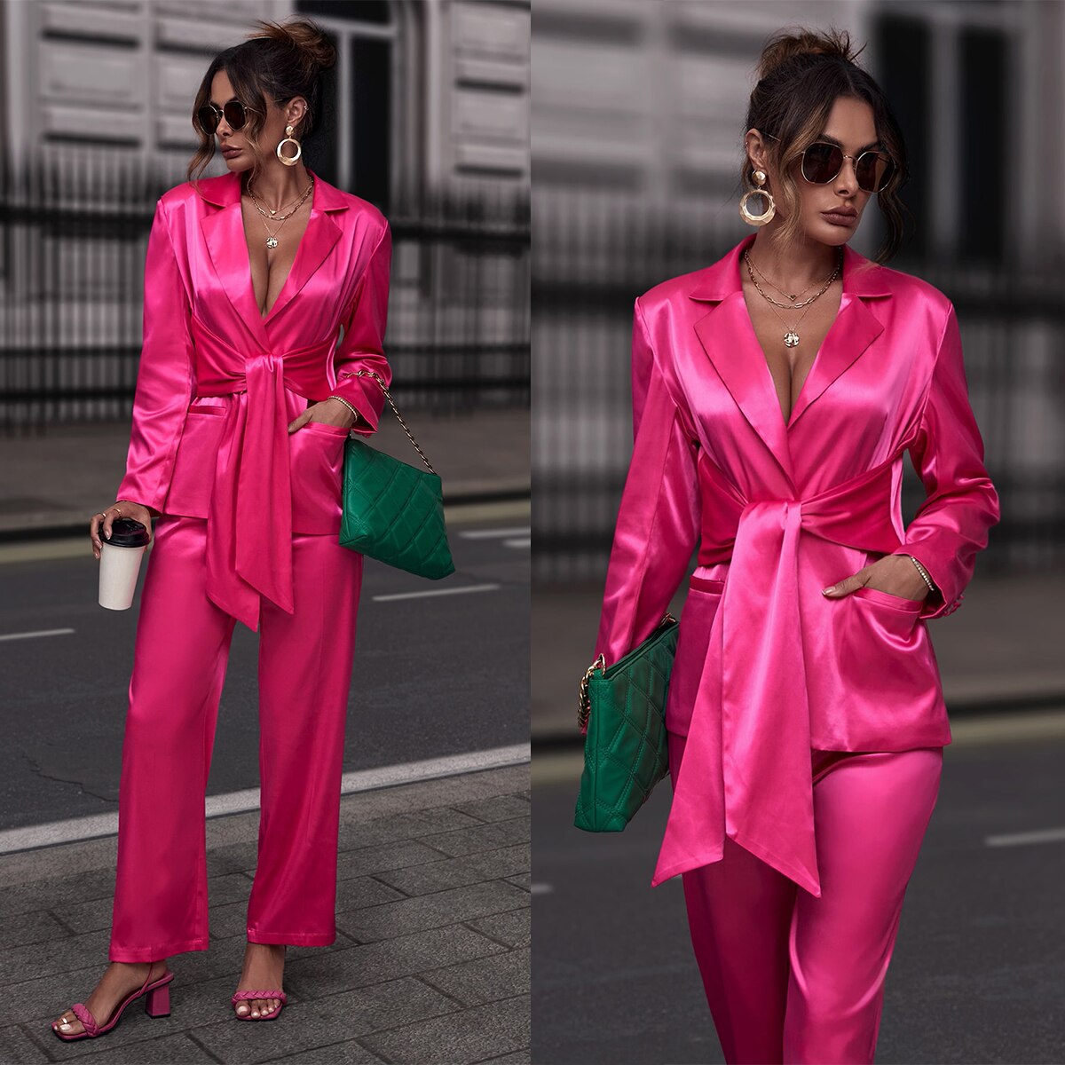 Costume pantalon printemps en satin de soie doux pour femme, ensemble 2 pièces, rose rouge, tenue de soirée, de mariage, pour mère de la mariée 