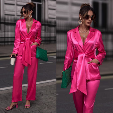Spring Soft Satin Silk Women Pants Suit Rose Red Mother of the Bride  Wear Evening Party  Wedding Formal 2 Pieces