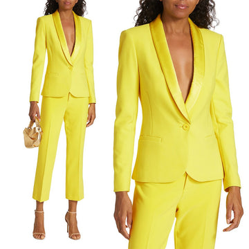 Spring Soft Satin Yellow Women Pants Suits Mother of the Bride Suit Evening Party Blazer Guest Wear 2 Pieces