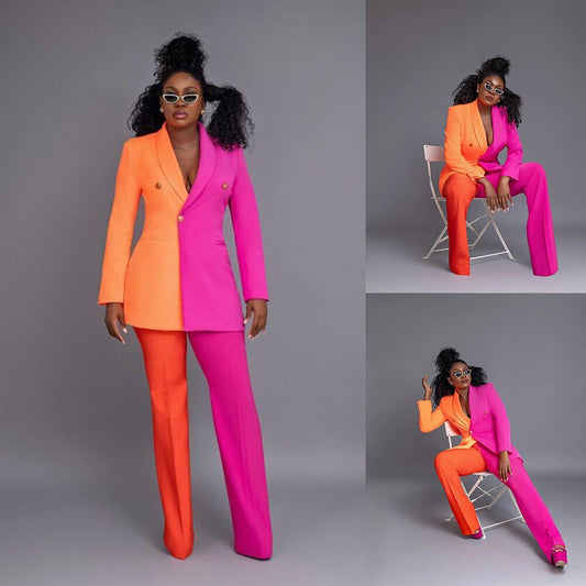 Color Matching Women's Blazer Coat Long Sleeve Casual Suits Office Ladies Sets 2 Pcs