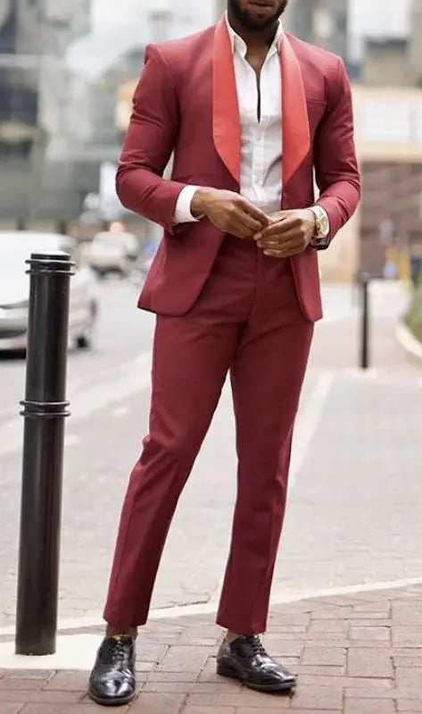 Spring Summer Men Tuxedos Red Slim Fit Peaked Lapel Groom Mens Pants Suits Business Prom Dinner Blazer Suit (Jacket+Pants)