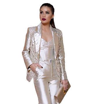 Women Blazer Sets Crystal Beads Wedding Tuxedos Pants Suits Party Night Club Wear 2 Pieces