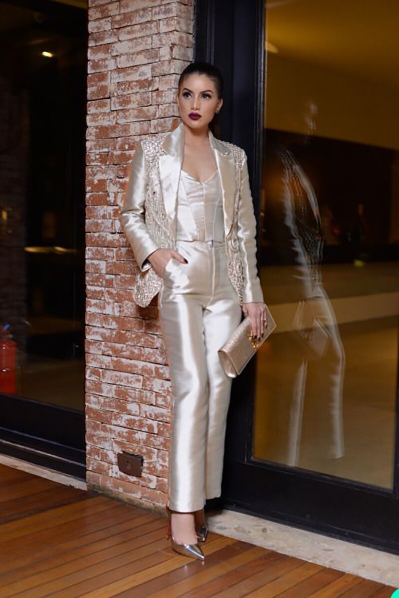 Women Blazer Sets Crystal Beads Wedding Tuxedos Pants Suits Party Night Club Wear 2 Pieces