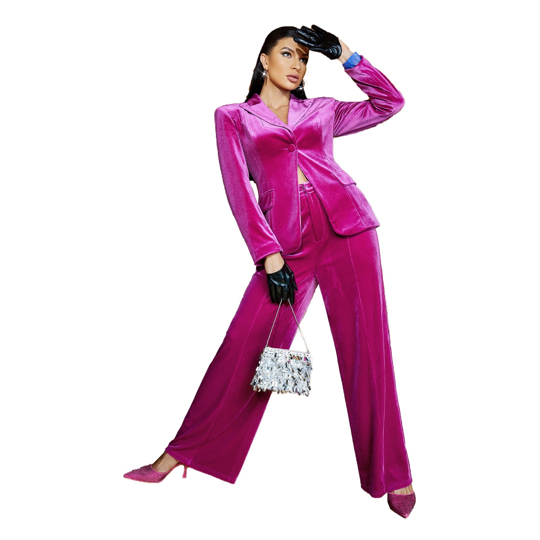 Costume de mère de la mariée en velours rose rouge ample pour femme de bureau, blazer de soirée, tenue d'invité 2 pièces 