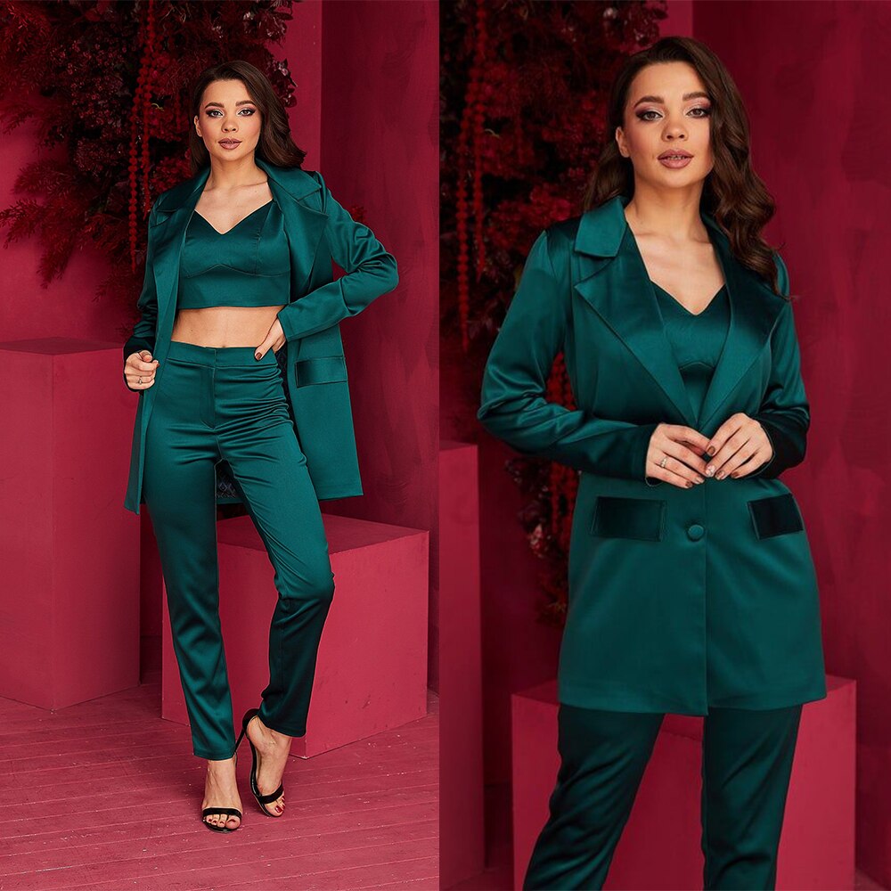 Conjuntos de blazer de seda satinada para mujer, trajes de esmoquin para boda, pantalones, fiesta, club nocturno, 2 piezas 