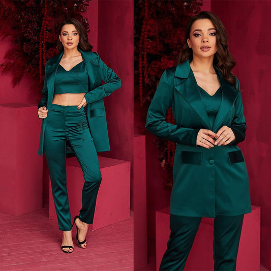 Spring Women Satin Silk Blazer Sets Wedding Tuxedos Pants Suits Party Night Club Wear 2 Pieces