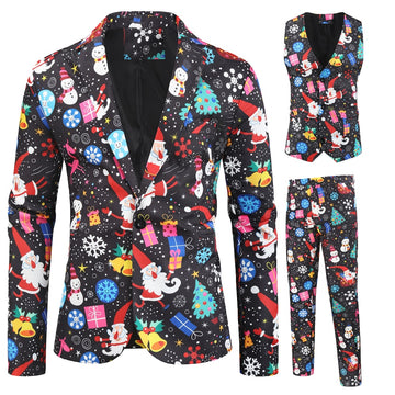 Spring and Atumn New  Slim fit Fashion Christmas pattern Print Party Men's Slim Fit Wedding Suit  3 pcs