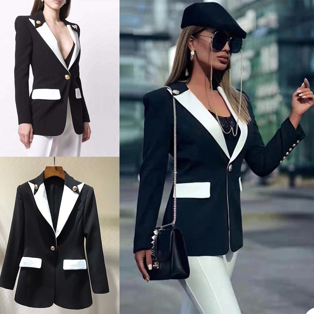 Blazer blanc et noir à manches longues et un bouton, tenue de soirée formelle, veste de mariage uniquement 