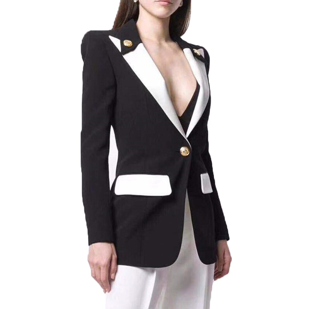 Blazer blanc et noir à manches longues et un bouton, tenue de soirée formelle, veste de mariage uniquement 