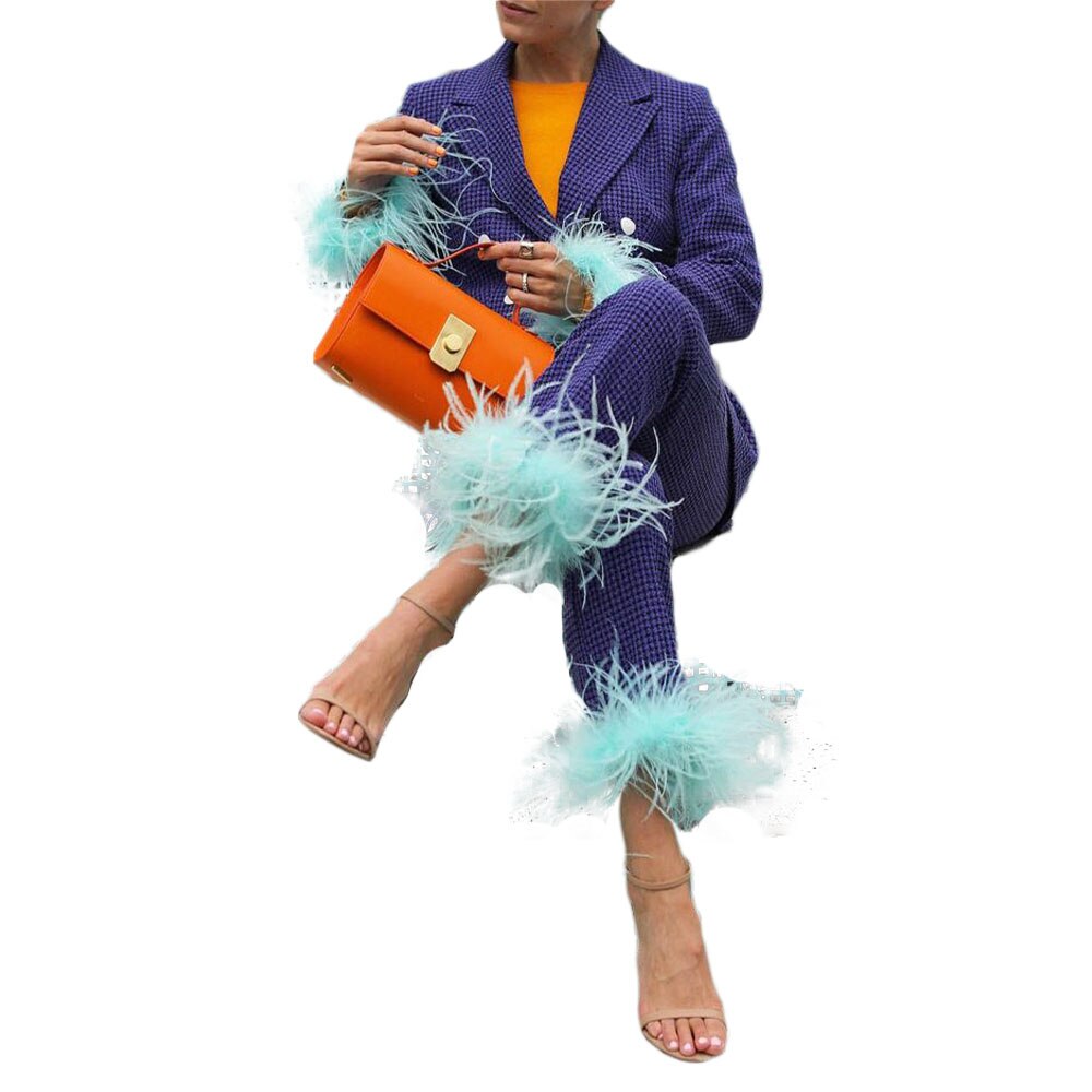 Ensemble 2 pièces pour femme, style urbain, loisirs, pantalon, plumes, carreaux, célébrités, soirée, mère de la mariée, mariage formel 