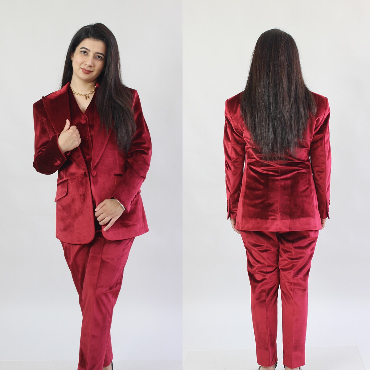 Trajes de pantalón estilo callejero para mujer, de terciopelo rojo, para celebridades, para fiestas de noche, para madres de la novia y bodas formales, 2 piezas 