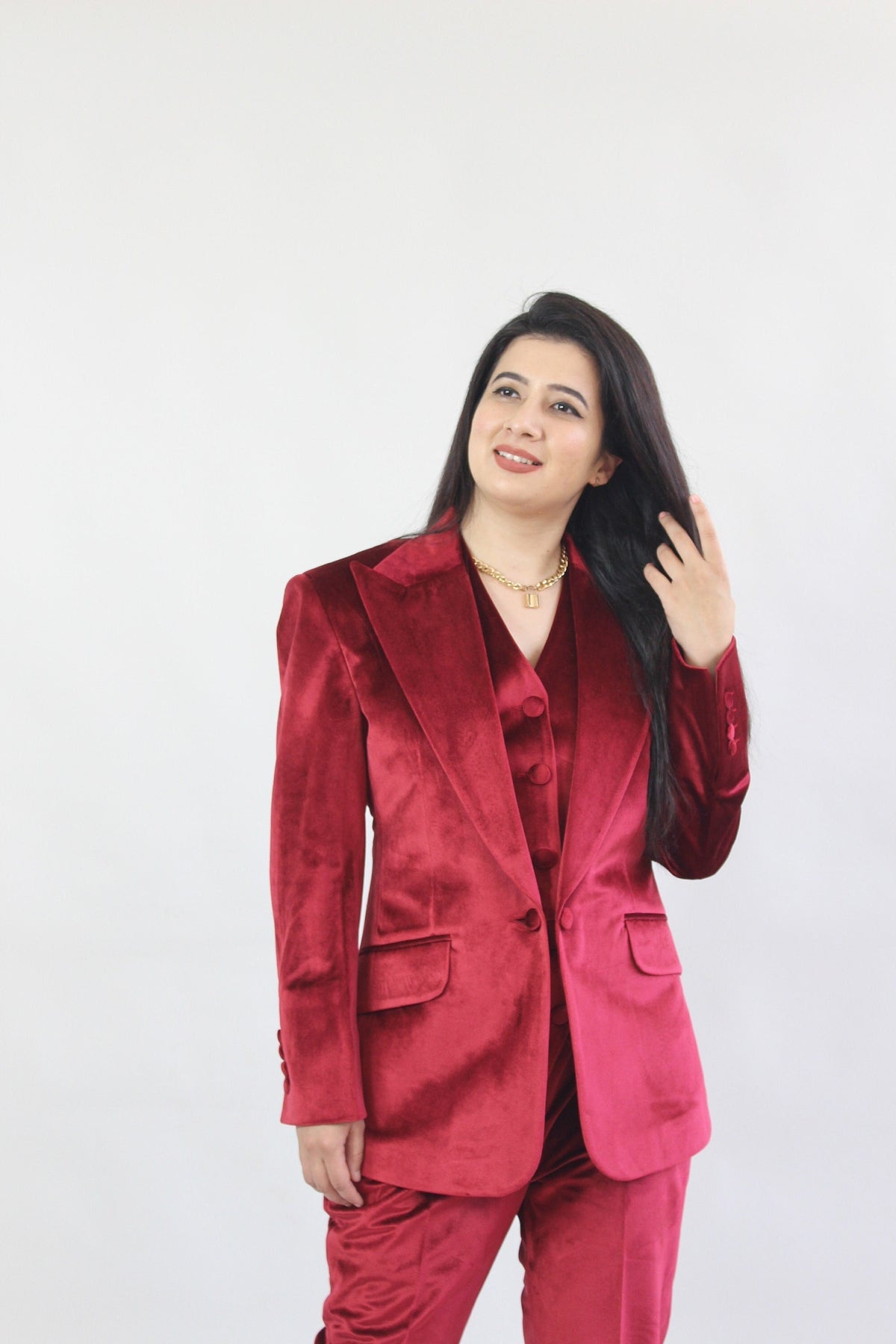 Trajes de pantalón estilo callejero para mujer, de terciopelo rojo, para celebridades, para fiestas de noche, para madres de la novia y bodas formales, 2 piezas 