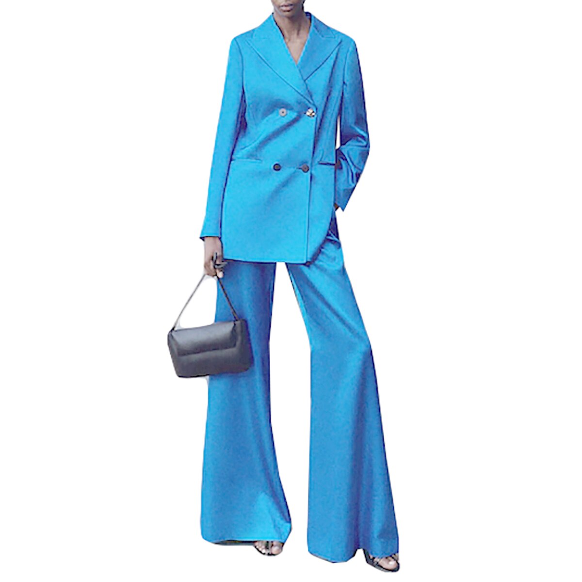 Women Pants Suits Loose Leisure Blue Wedding Tuxedos Prom Evening Party Wide Leg Wear 2 Pieces