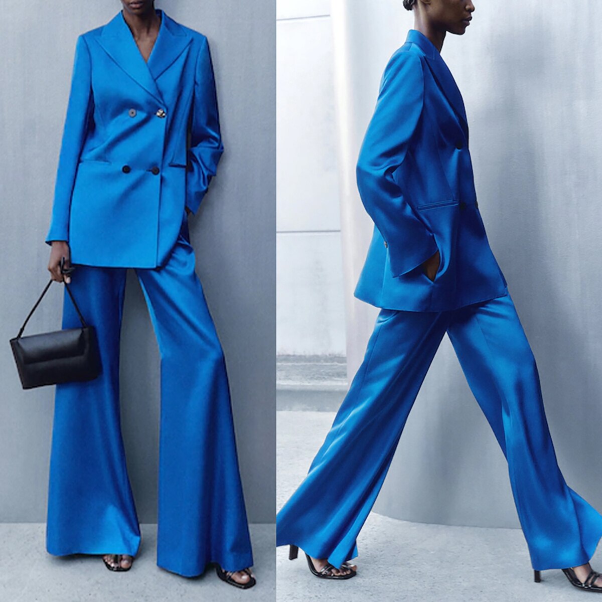 Trajes de pantalón para mujer, holgados, de ocio, azules, para boda, graduación, fiesta de noche, pierna ancha, 2 piezas 