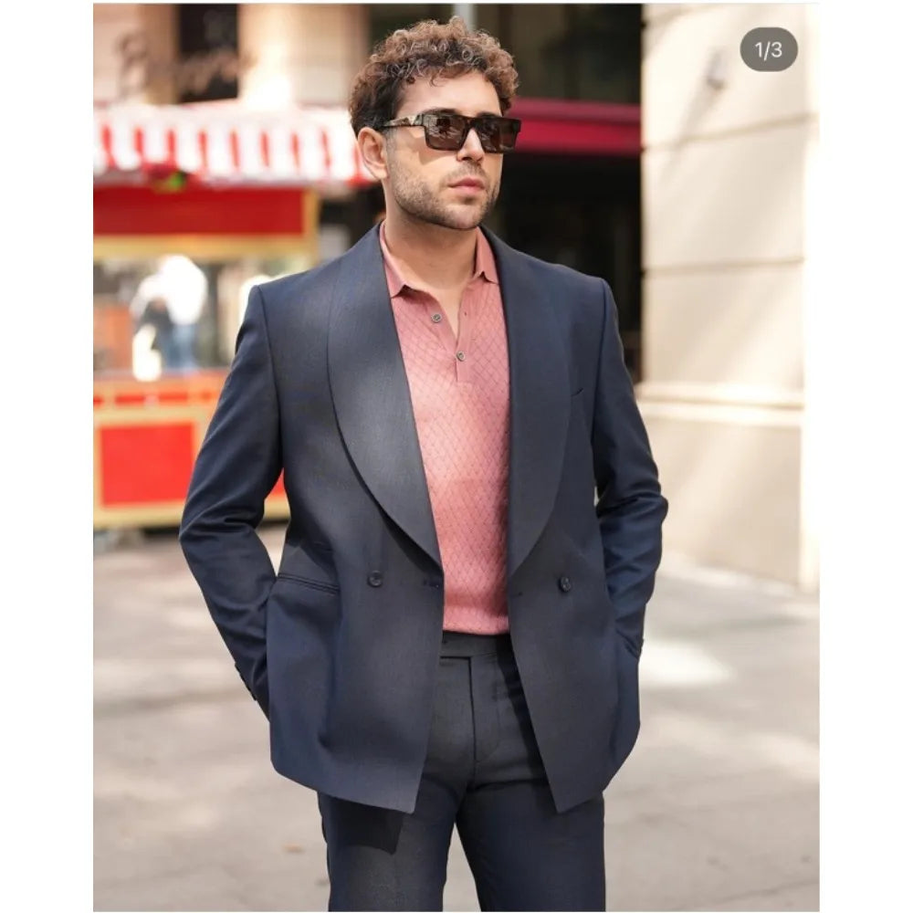 Street Wear Men's Suits Slim Fit 2 Pieces Jacket+Pant Double Breasted Wedding Groom Dress Tuxedo Tailored Made Male Homme