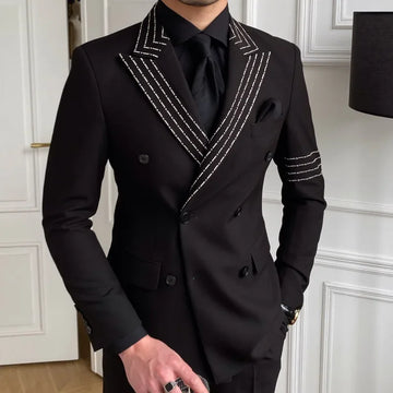 Men's Black Double Breasted Suit with White Stitch Accents and Peak Lapel