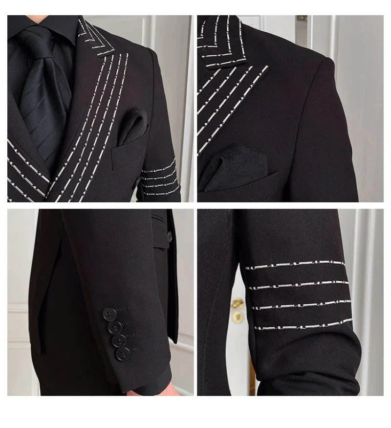 Costume croisé noir pour homme avec surpiqûres blanches et revers en pointe