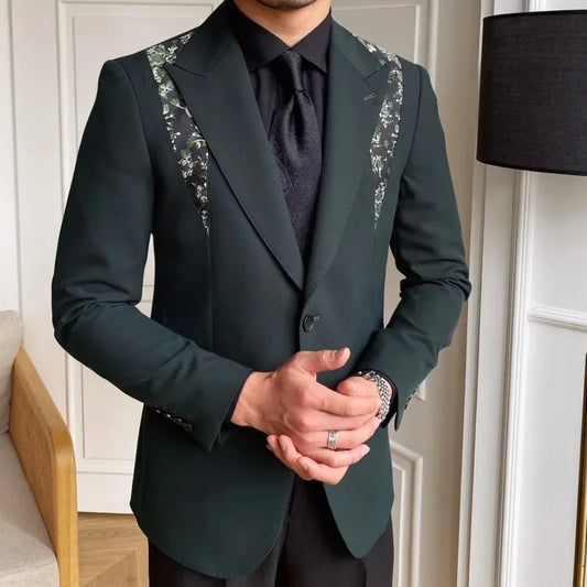 Men's Green Blazer with Floral Accents and Black Pants Set