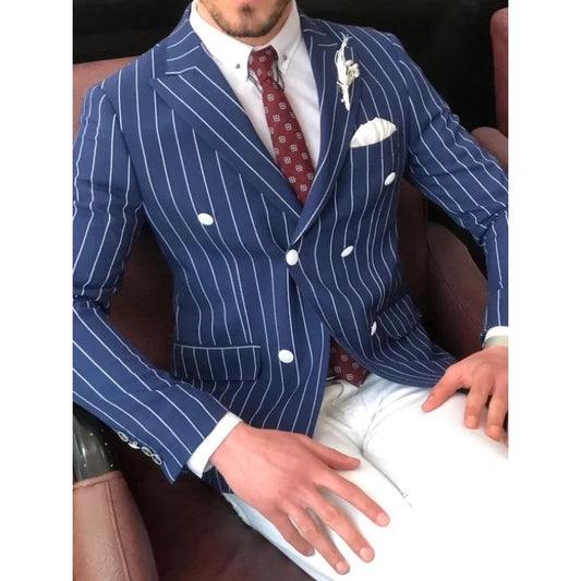 Stripe Peak Lapel Suits for Business Men 2 Piece Slim Fit Wedding Groom Tuxedo Double Breasted Fashion Blazer ( Jacket+Pants )